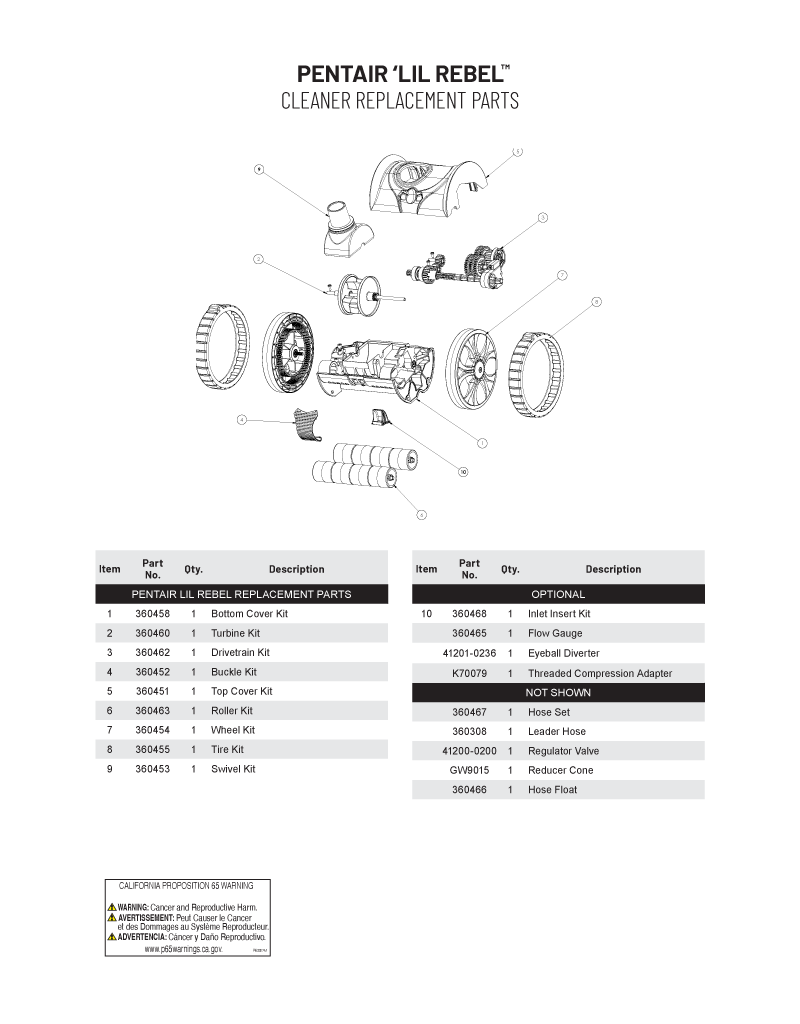 Parts List for Cleaner Parts List: Pentair Lil Rebel