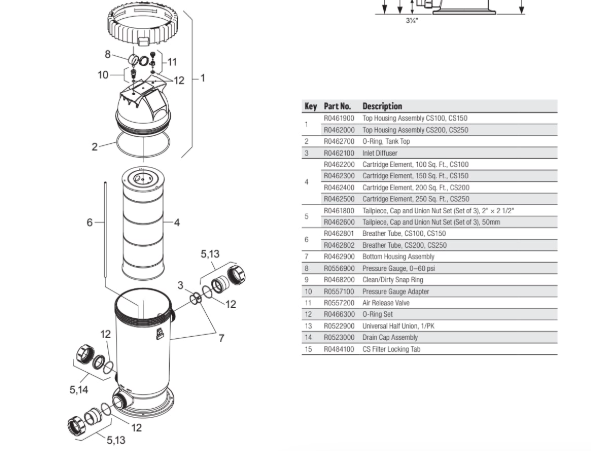 Parts List for Parts List: Jandy 100 Sq. Ft. CS Cartridge Filter