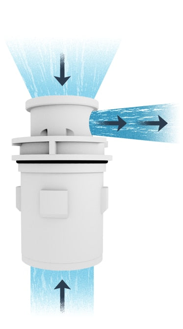 A&A Gamma Series 4 Venturi Pop Up Head (White) -diagram of the waterflow being pulled through the holes in the top of the head to create a more powerful water flow 