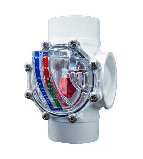 Angled Side View - White FlowVis GPM Flow Meter Valve for 2" & 2.5" Pipes (FV-2)